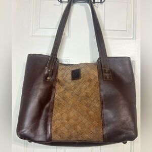 Brown Leather and Woven Tote Bag